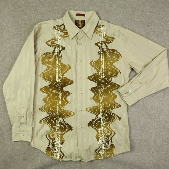 Franky Max Cotton Blend Men's Large Brown Stripe Button-Up Long-Sleeve Shirt - Picture 1 of 5